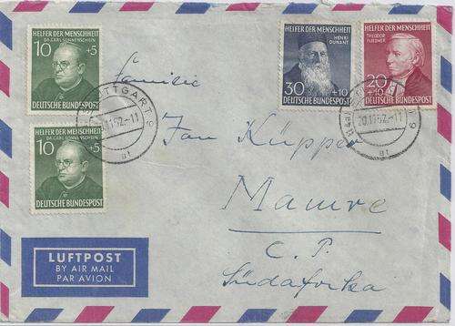 Germany West 1952  cover with better values from Stuttgart to Mamre SA