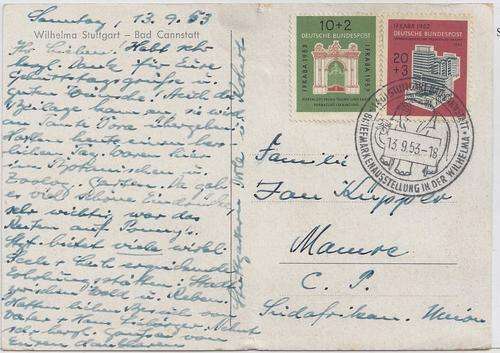 Germany West 1953 IFRABA set of 2 on card from Stuttgart to Mamre SA