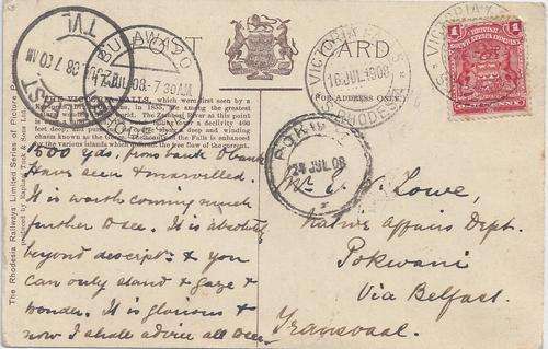 Rhodesia 1908 Arms 1d on Victoria Falls ppcard to Native Affiars Dept Pokwani, very fine