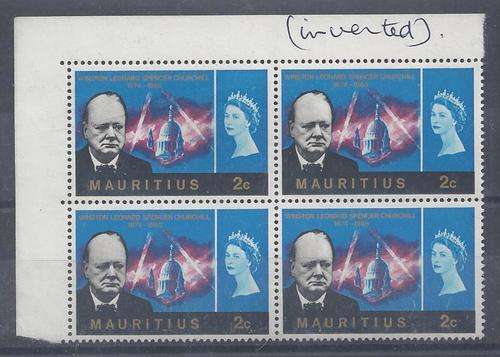 Mauritius 1965 Churchill 2c block of 4 with inverted watermark