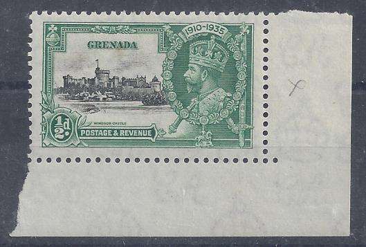 Grenada 1935 KGV Silver Jubilee half d corner copy with Kite and vertical log plate flaw