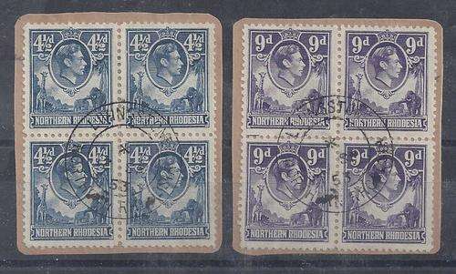 Northern Rhodesia 1938 KGVI 4 half d and 9d blocks of 4 fine used