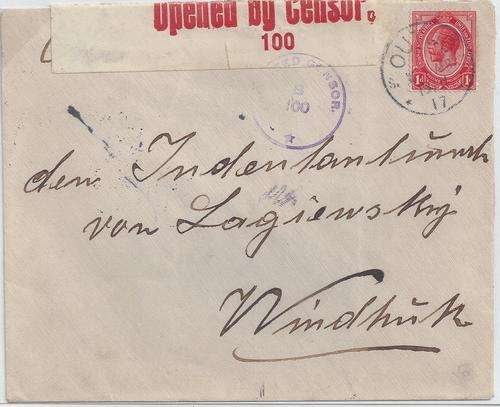 South West Africa 1917 SA Occupation KGV 1d tied to cover with large Outjo B4oc to Windhoek fine