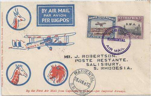 South West Africa 1932 Feeder Airmail service from Windoek Kimberly from Mariental To Salisbury fine