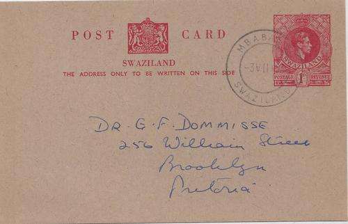 Swaziland 1953 KGVI 1d postal stationary postcard from Mbabane to Pretoria fine