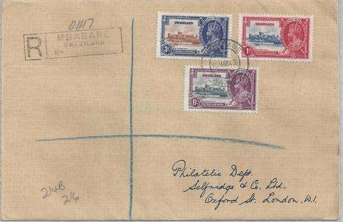 Swaziland 1936 KGV Silver Jubilee 1d 3d and 6d used on registered Mbabane cover fine