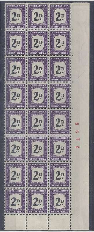 South Africa Postage Due 1948 2d block with preprinting paper creases resulting in cracked D etc