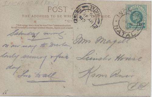 Natal 1909 KEVII ppcard with Inchanga cds to Krom Rivier scarce