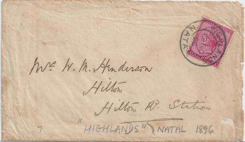 Natal 1896 QV 1d on cover from Highlands to Hilton Road Station fine