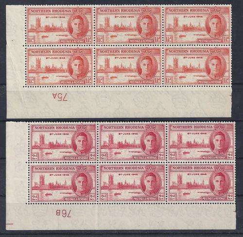 Northern Rhodesia 1946 Victory 1 half d perf 13 half and 2d both plate blocks 6 fine unmounted mint