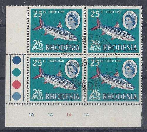Rhodesia 1967 Dual Currency 2s6d plate A block of 4 fine used