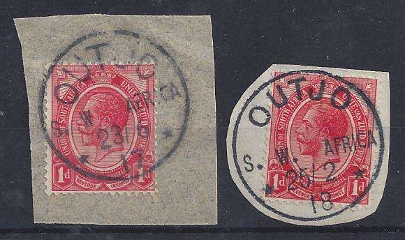South West Africa - WWI South Africa Occupation KGV 1d with both Outjo types on piece