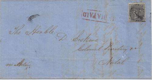 Natal 1864 India very early incoming part wrapper to Colonial Secretary