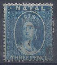 Natal 1859 QV no wmk 3d blue perf 14 fine used SG 10