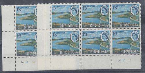 Rhodesia 1966 Mardon 1s3d 1st Printing 1A and 1C plate blocks of 4 and 6