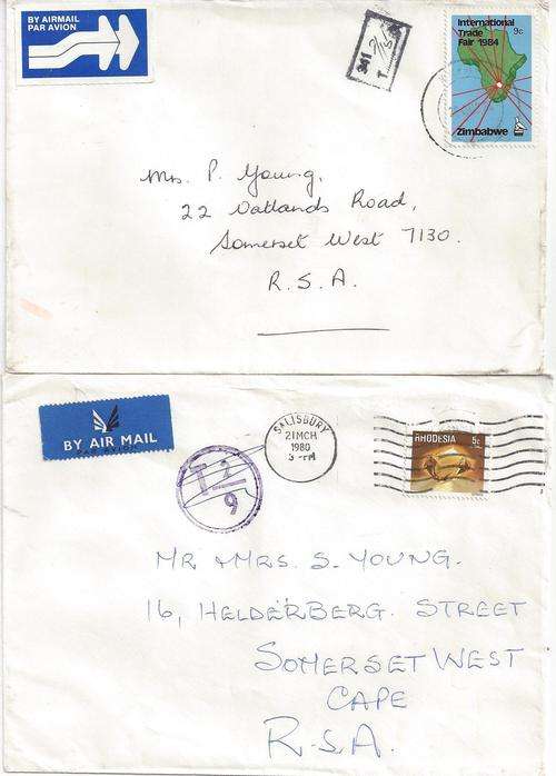 Rhodesia Zimbabwe 2x covers to South Africa with postage due markings