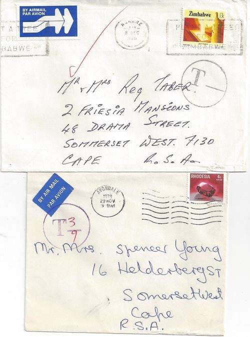 Rhodesia Zimbabwe 2x covers to South Africa with postage due markings