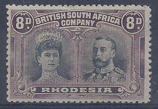 Rhodesia BSAC 1910 KGV Double Head perf 14 8d black and purple fine mint
