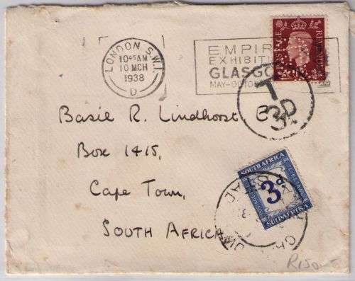 South Africa 1938 GB KGVI 1 half d per finned on cover with postage due, very fine