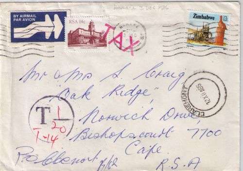 South Africa 1980s  2x Zimbabwe covers to SA with postage dues, very fine