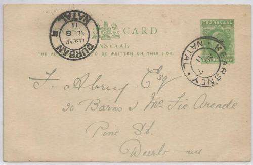 South Africa 1911 Interprovincial Transvaal KEVII card used in Kearsney Natal fine used