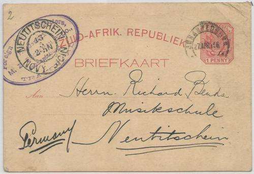 Transvaal 1896 1d Briefkaart  Johannesburg to Germany with probably earliest stamp dealers cachet