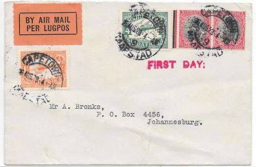 South Africa 1929 26 Aug 1st Airmail cover from C Town to JHB fine