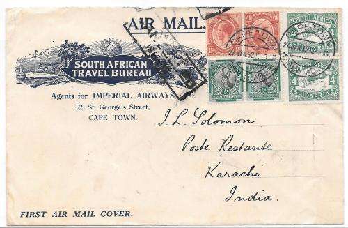South Africa 1932 Imperial Airways cover Cape Town to Karachi with Karachi CANCELLED cachet