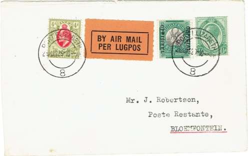 South Africa 1929 26 August 1st Flight cover from Port Elizabeth to Bloemfontein