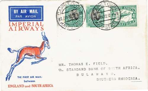 South Africa 1932 27 January 1st Flight cover from Cape Town to Bulawayo Rhodesia