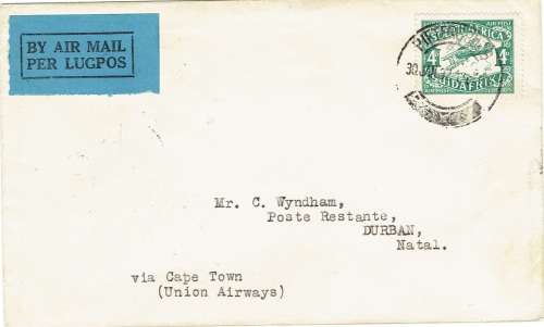 South Africa 1932 30 January 1st Flight cover from Pietersburg to Durban