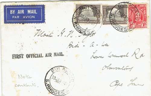 Southern Rhodesia 1932 30 Jan 1st Flight cover from Bulawayo to Cape Town