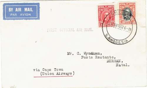 Southern Rhodesia 1932 29 Jan 1st Flight cover from Salisbury to Durban