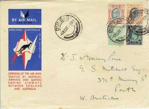 South Africa 1934 4 Dec 1st Flight cover from Durban to Perth Australia