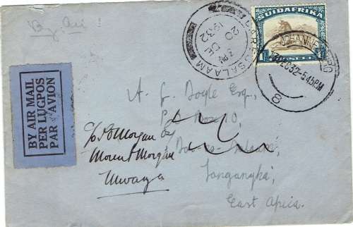 South Africa 1932 20 Dec Flight cover from Johannesburg to Tanganyika