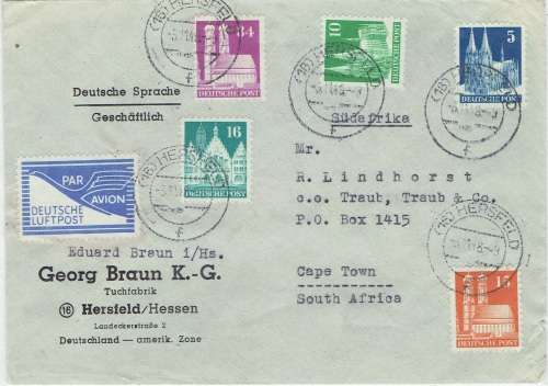 Germany Allied Occupation 1948 3 Nov Special airmail label used on cover to South Africa