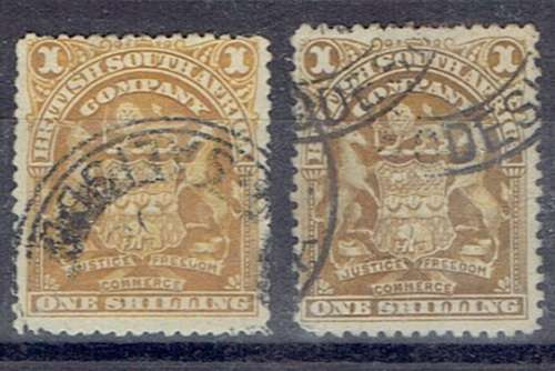 Rhodesia BSAC 1898 Arms 1s bistre and deep olive bistre shades  fine used