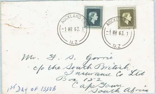 New Zealand Officials 1963 1 Mar QEII 2 half and 3d used on first day very fine