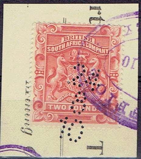 Rhodesia BSAC 1897 Arms 2 Pound perforation 15 very fine fiscally used