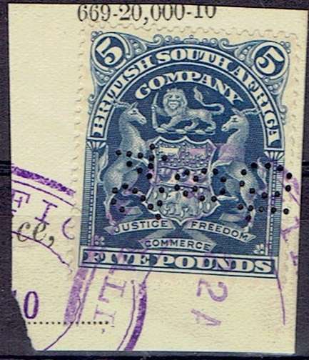 Rhodesia BSAC 1898 Arms 5 Pound deep blue very fine fiscally used