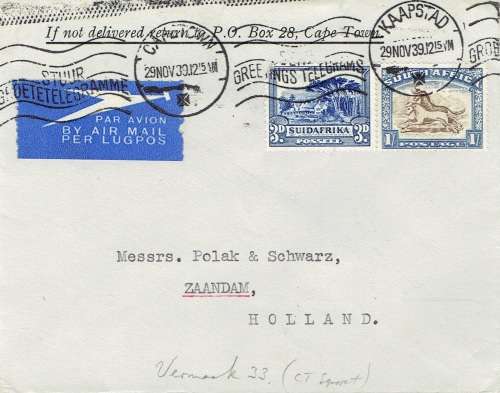 South Africa 1939 Airmail flight from Cape Town To Holland via London