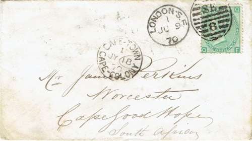 Cape of Good Hope 1870 GB QV 1s on incoming cover from London to Worcester