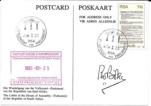 South Africa 1985 Parliament 4x special cards signed by PW Botha