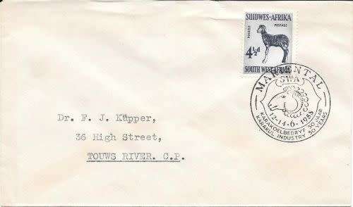 South West Africa 1955 Karakul Industry 50 years special cover and cancellation
