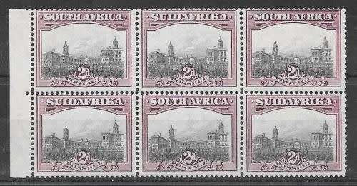 South Africa 1927 London 2d block of 6 perf 14 x 13 half down very fine unmounted mint