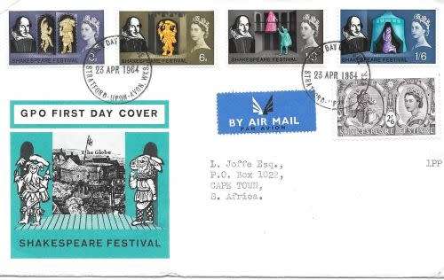 Great Britain 1964 Shakespeare both phosphor an non phosphor first day covers