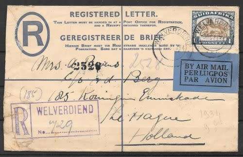 South Africa 1934 registered airmail Welverdiend cover to The Hague