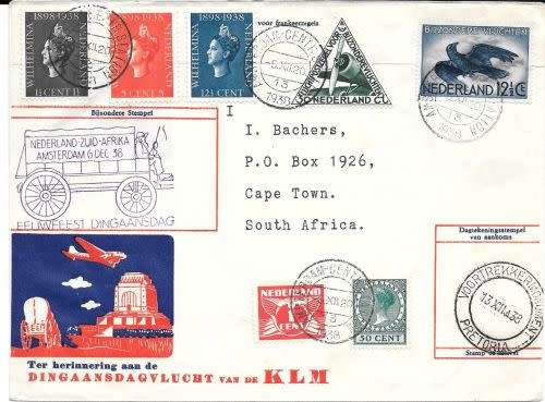 South Africa 1938 Voortrekker special Airmail cover from Netherlands to South Africa