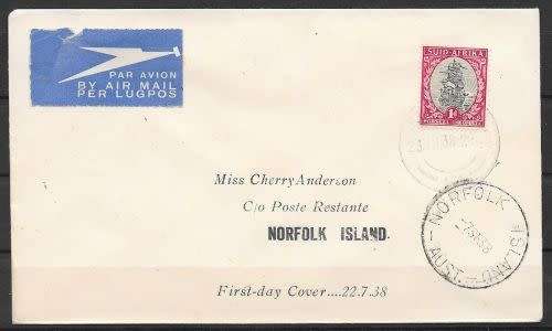 South Africa 1938 1st flight cover from Johannesburg to Norfolk Island very unusual destination