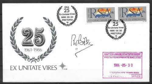 South Africa 1986 SA 25yrs first day cover signed PW Botha with presidents cachet
